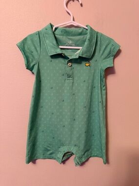 The Masters Green Polo Romper with Yellow Embroidered Logo